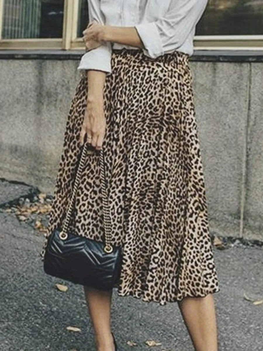 Leopard Print Pleated Midi Skirt - Leopard