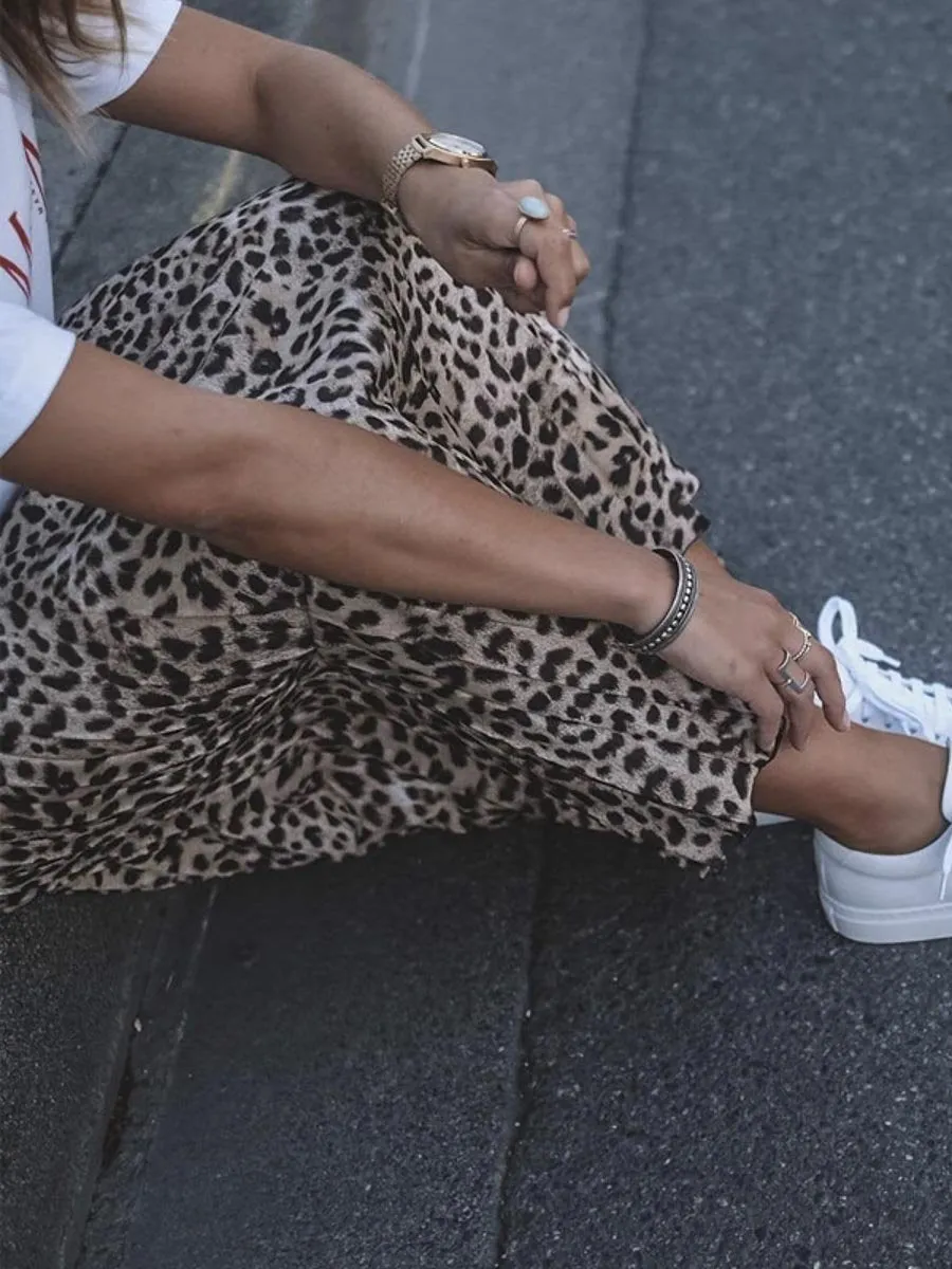 Leopard Print Pleated Midi Skirt - Leopard