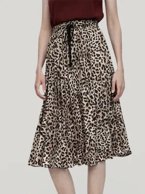 Leopard Print Pleated Midi Skirt - Leopard