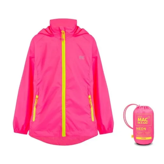 Mac in a Sac Kids Waterproof Breathable Windproof Packable Origin Jacket-NEON PINK