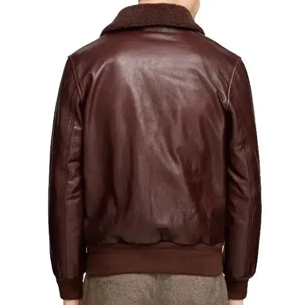 Men's Brown Leather Bomber Jacket with Detachable Fur Collar – Versatile & Stylish