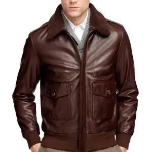 Men's Brown Leather Bomber Jacket with Detachable Fur Collar – Versatile & Stylish