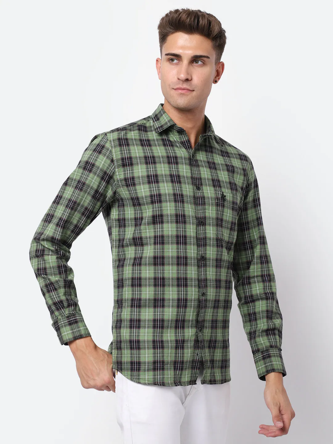 Men's Green Casual Medium Checks Full Sleeve Shirt