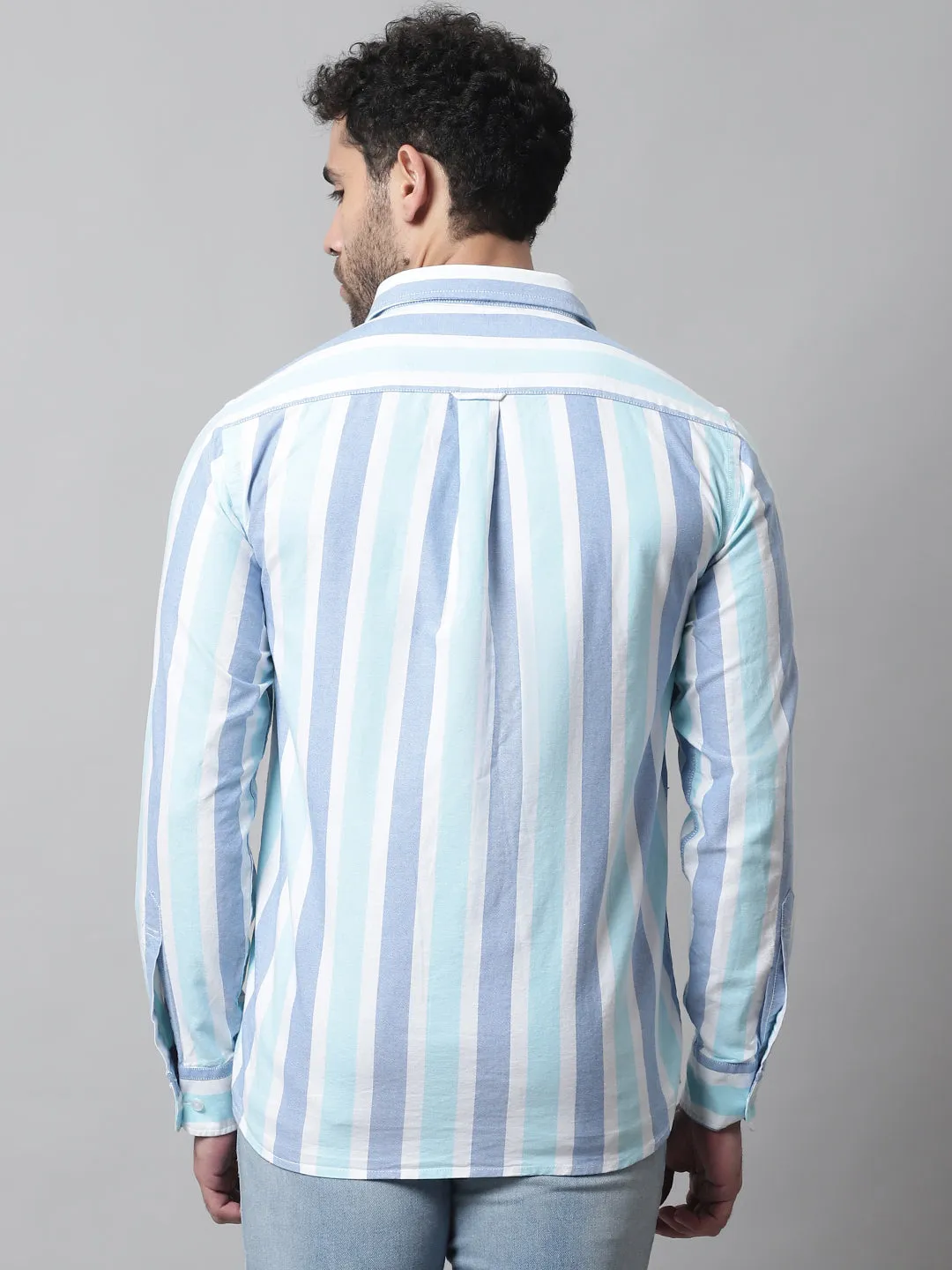 Men's Mint Blue Casual Broad Stripe Full Sleeve Shirt