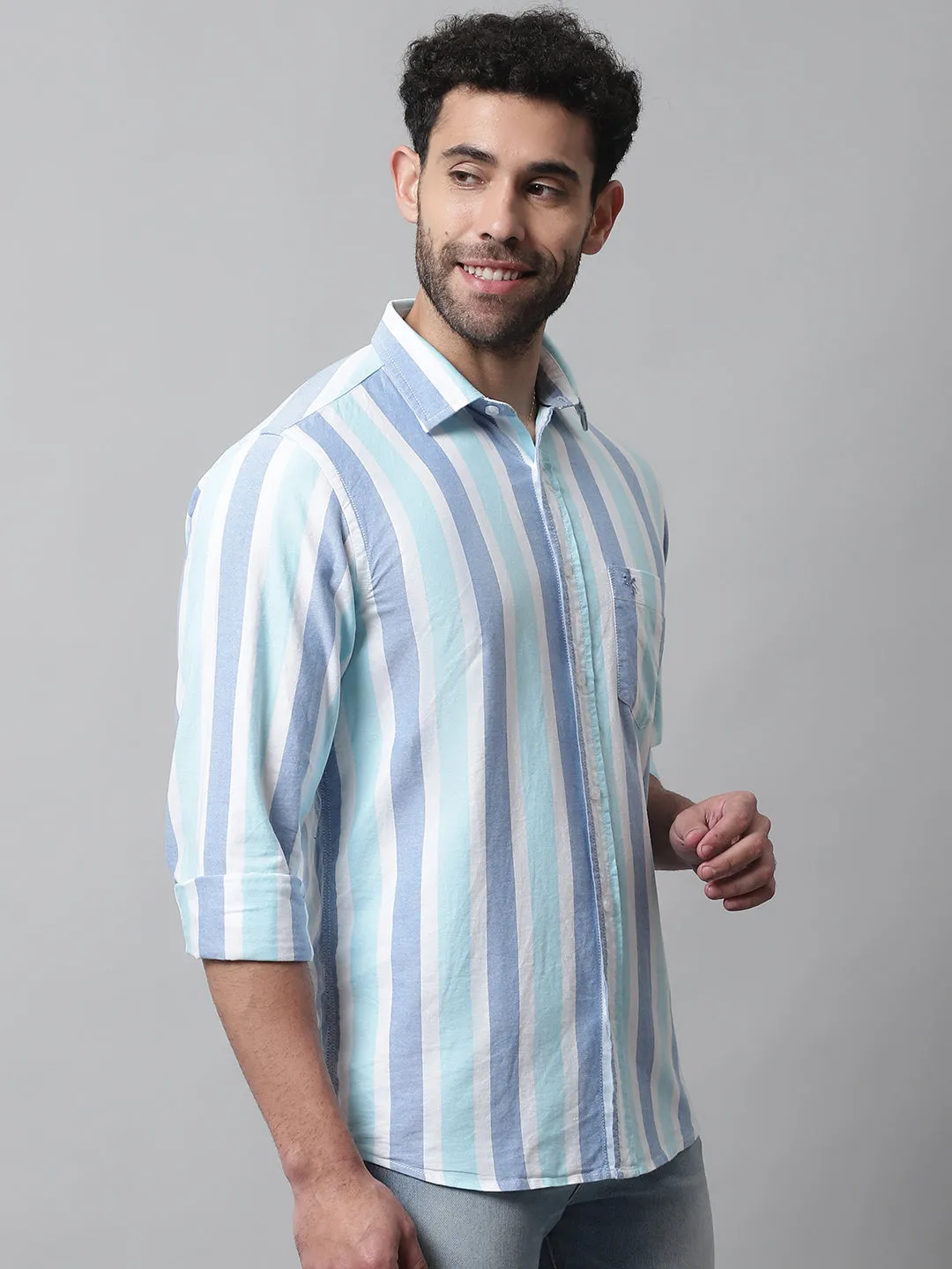 Men's Mint Blue Casual Broad Stripe Full Sleeve Shirt