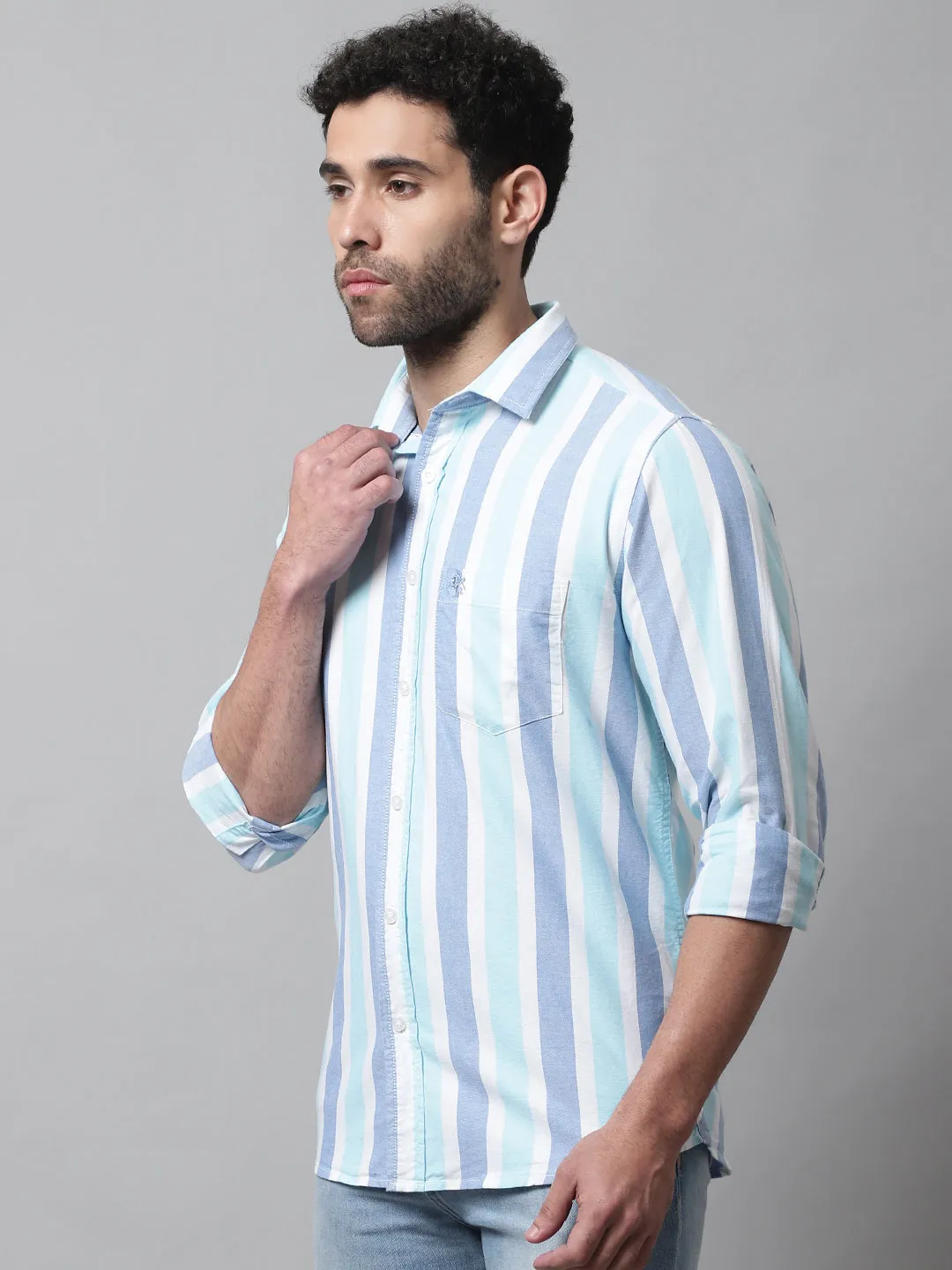 Men's Mint Blue Casual Broad Stripe Full Sleeve Shirt