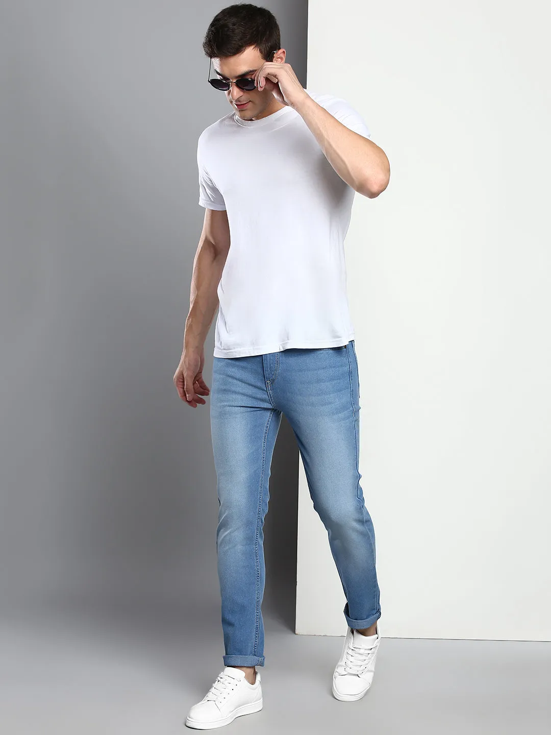 Men's Sky Blue Slim Fit Mid Rise Denim Jeans