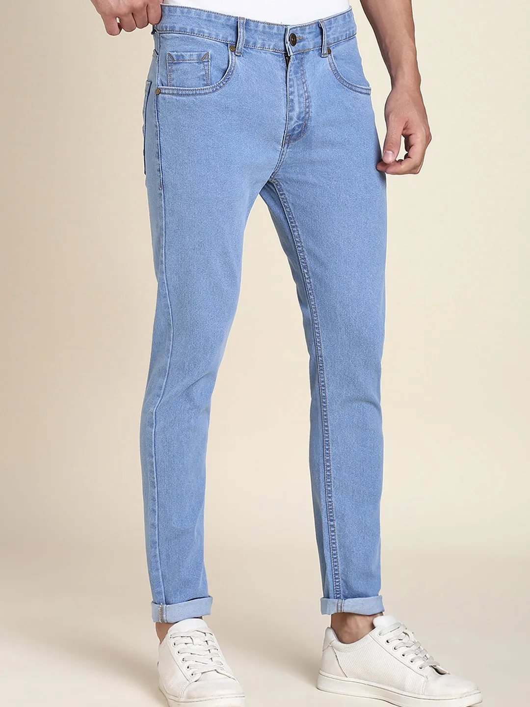 Men's Slim Fit Denim Blue Denim Jeans Waistband With Belt Loops Has A Button Rivet And Zip Closure