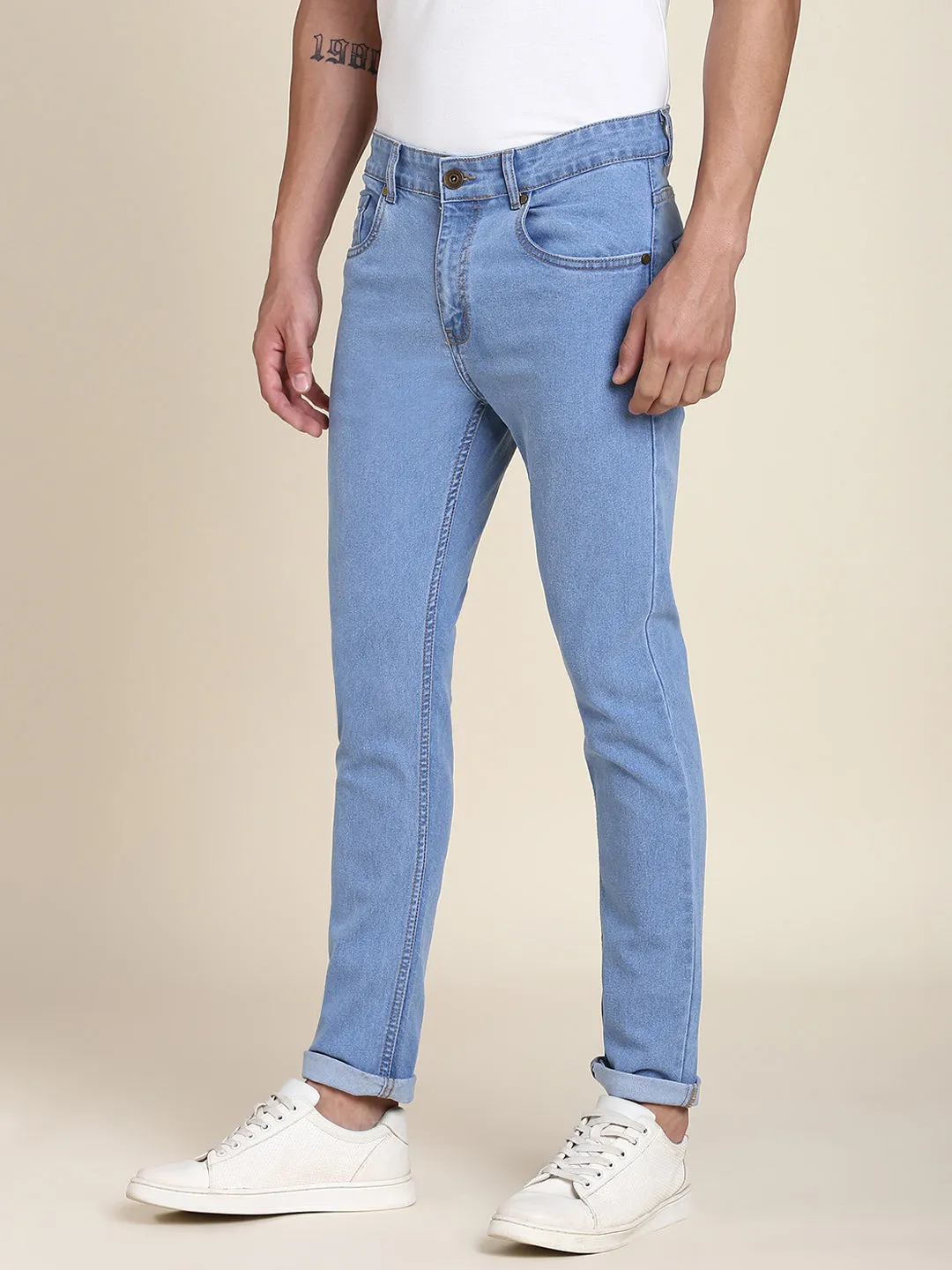 Men's Slim Fit Denim Blue Denim Jeans Waistband With Belt Loops Has A Button Rivet And Zip Closure