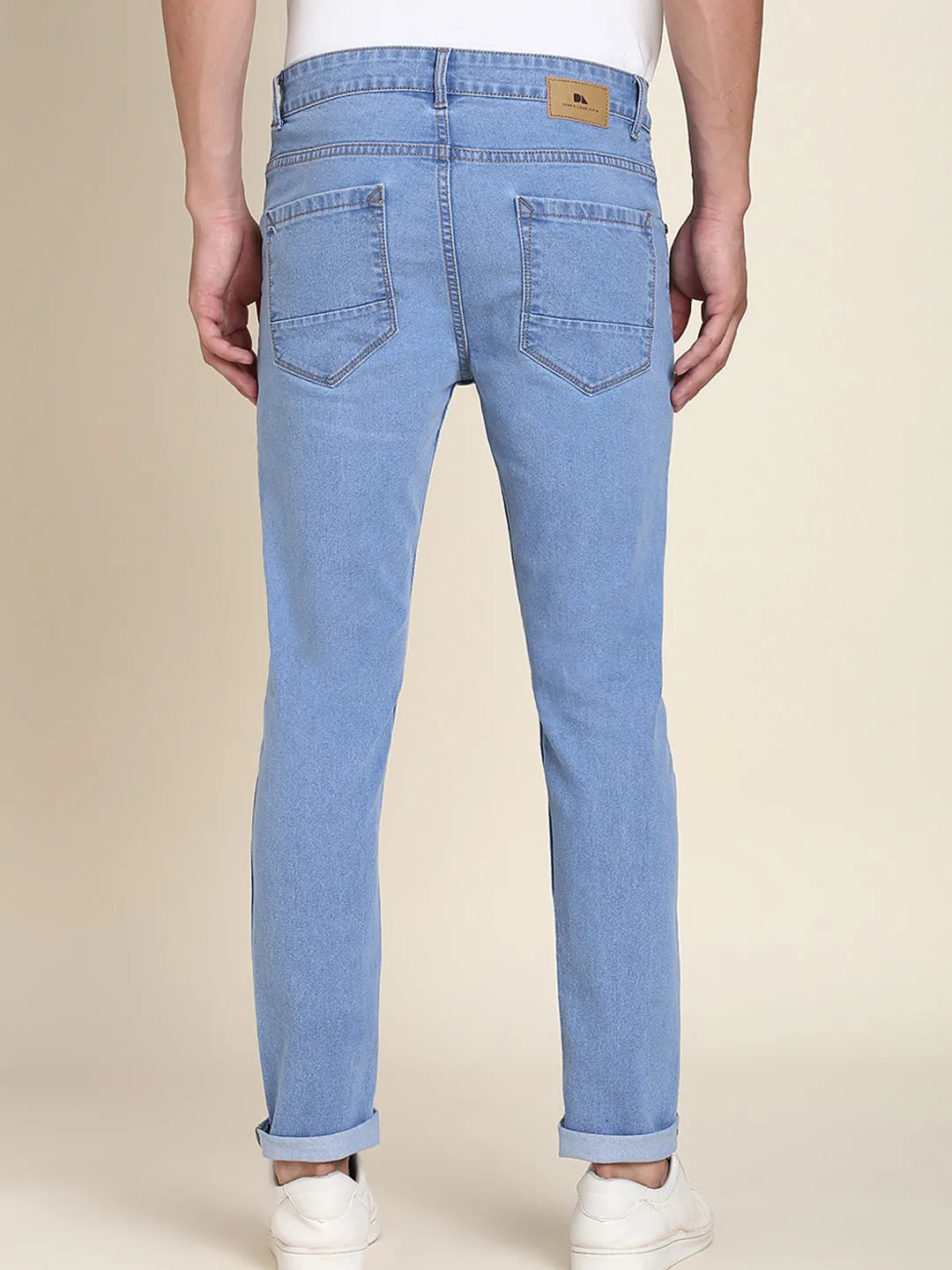 Men's Slim Fit Denim Blue Denim Jeans Waistband With Belt Loops Has A Button Rivet And Zip Closure