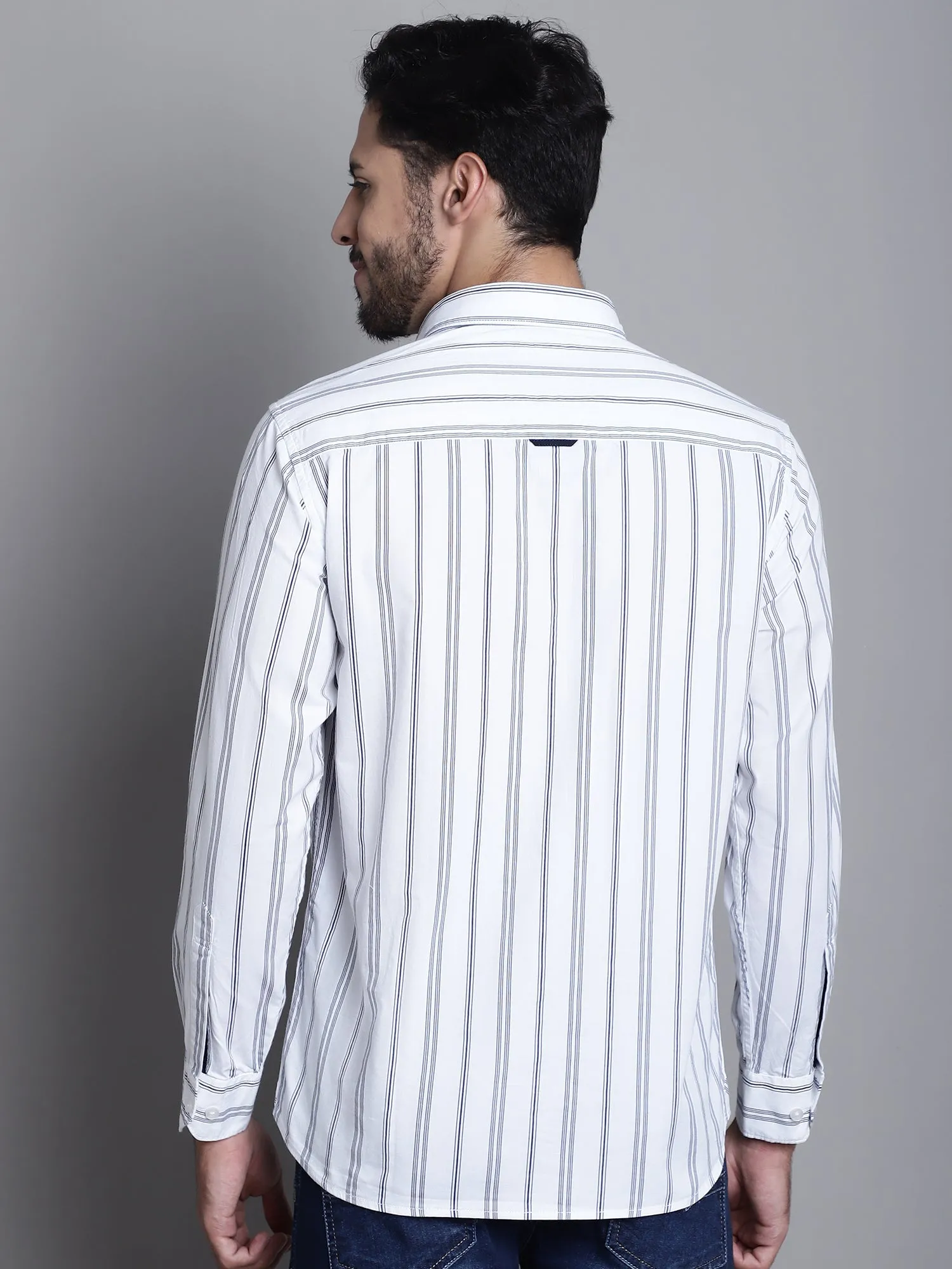 Men's White Casual Stripe Print Full Sleeve Shirt