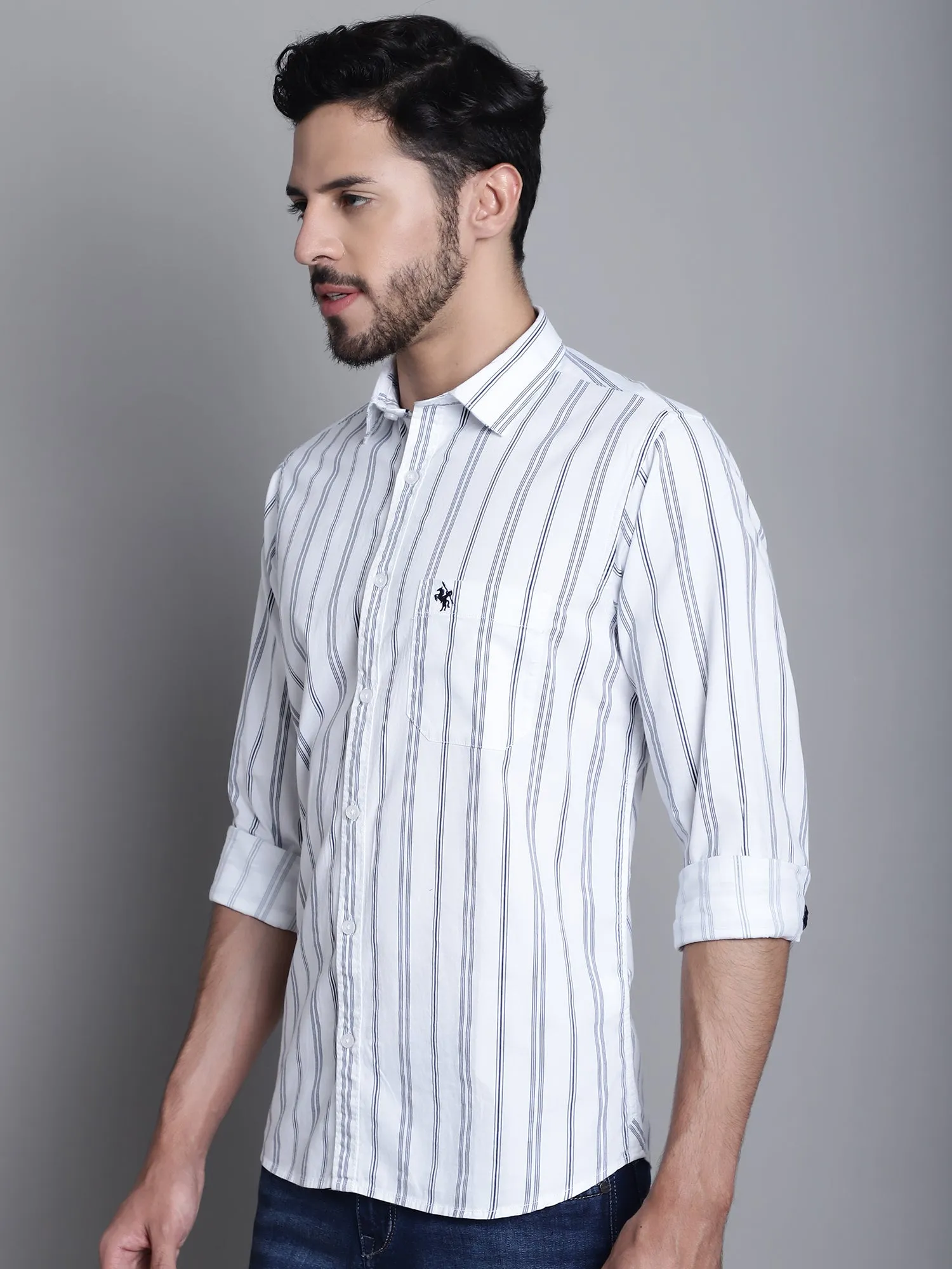 Men's White Casual Stripe Print Full Sleeve Shirt