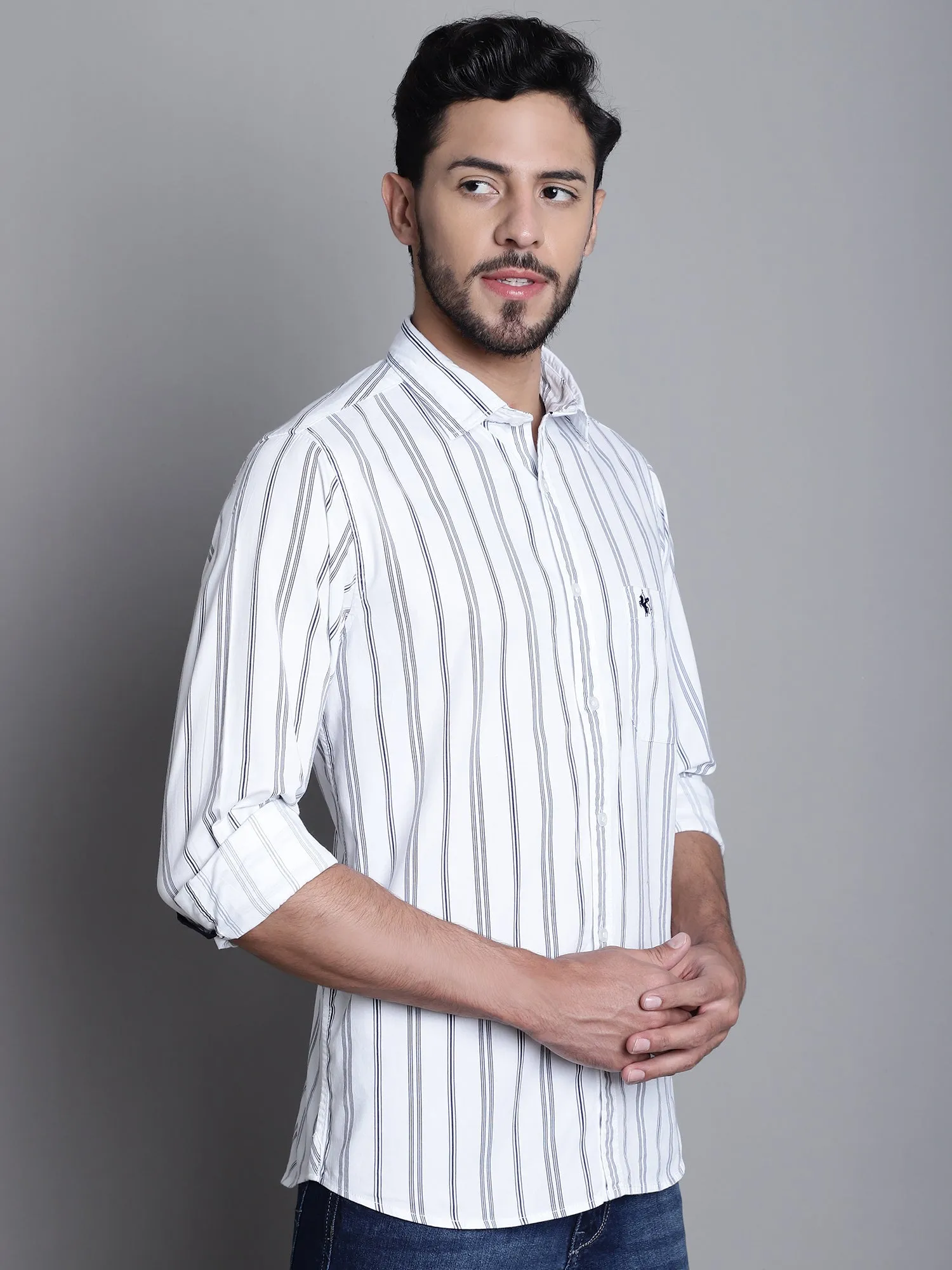 Men's White Casual Stripe Print Full Sleeve Shirt