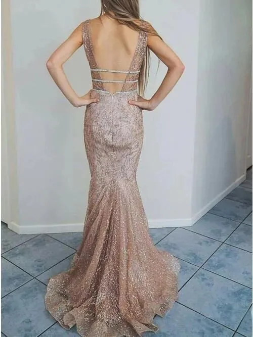 Mermaid V-Neck Backless Glitter Formal Evening Prom Dresses PFP1511