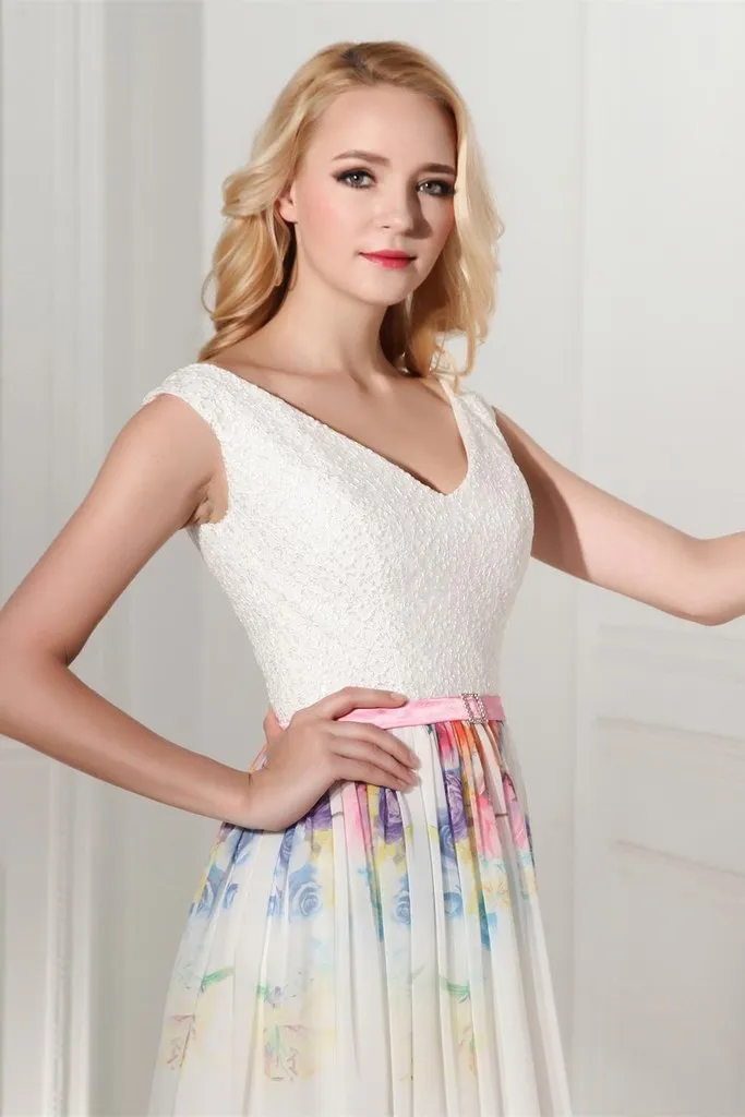 Modest Simple Cheap Printed Long Chiffon V-neck Prom Dresses PFP1184