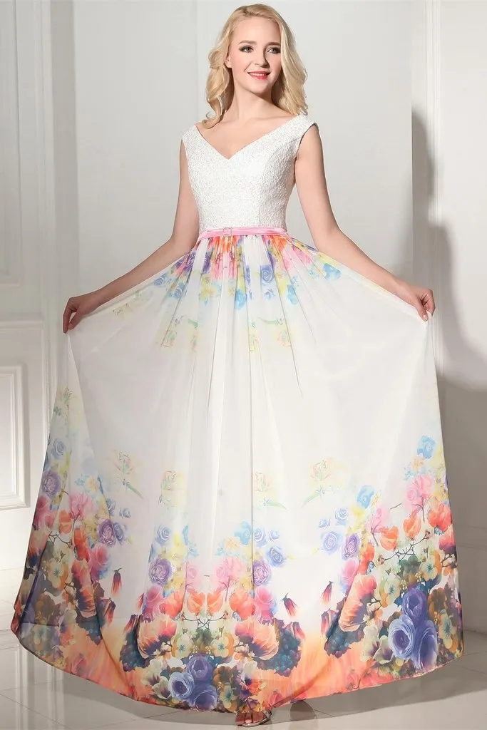 Modest Simple Cheap Printed Long Chiffon V-neck Prom Dresses PFP1184