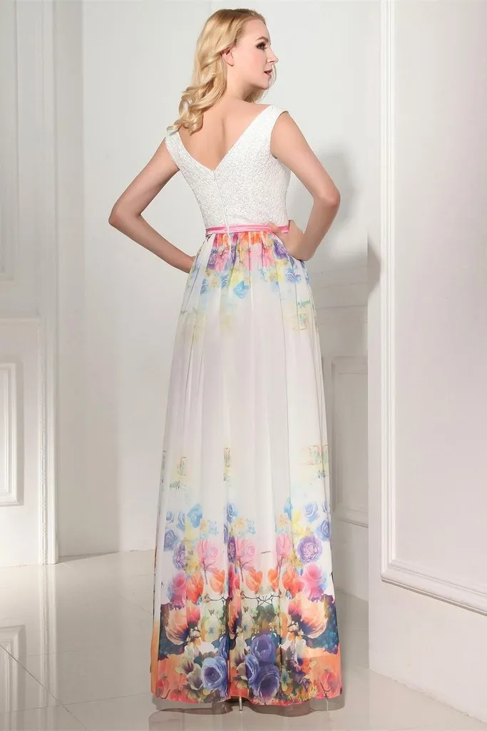 Modest Simple Cheap Printed Long Chiffon V-neck Prom Dresses PFP1184