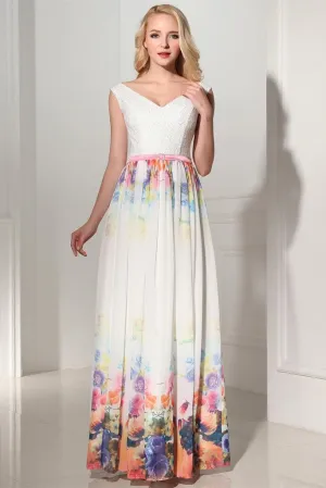 Modest Simple Cheap Printed Long Chiffon V-neck Prom Dresses PFP1184
