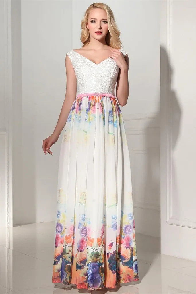 Modest Simple Cheap Printed Long Chiffon V-neck Prom Dresses PFP1184