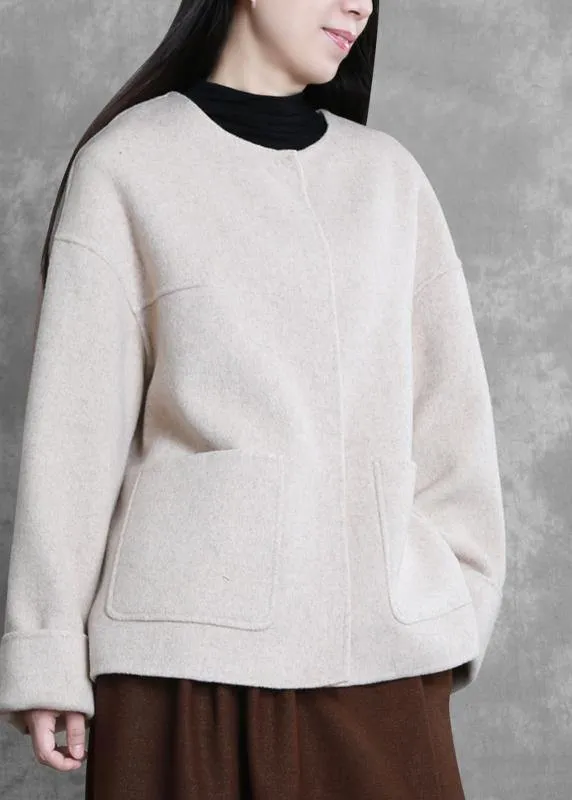 New plus size winter coats beige o neck pockets Woolen Coats