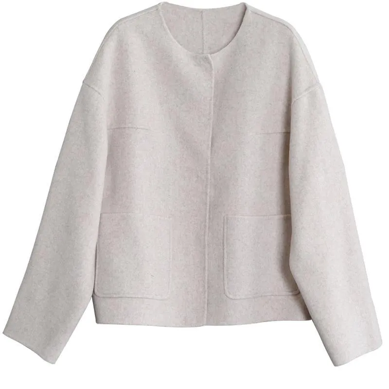 New plus size winter coats beige o neck pockets Woolen Coats