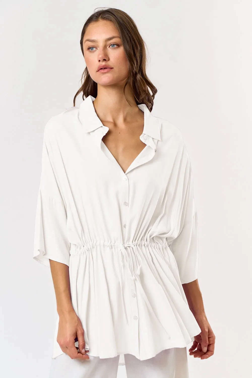 Off White Button Up Collar Long Shirts