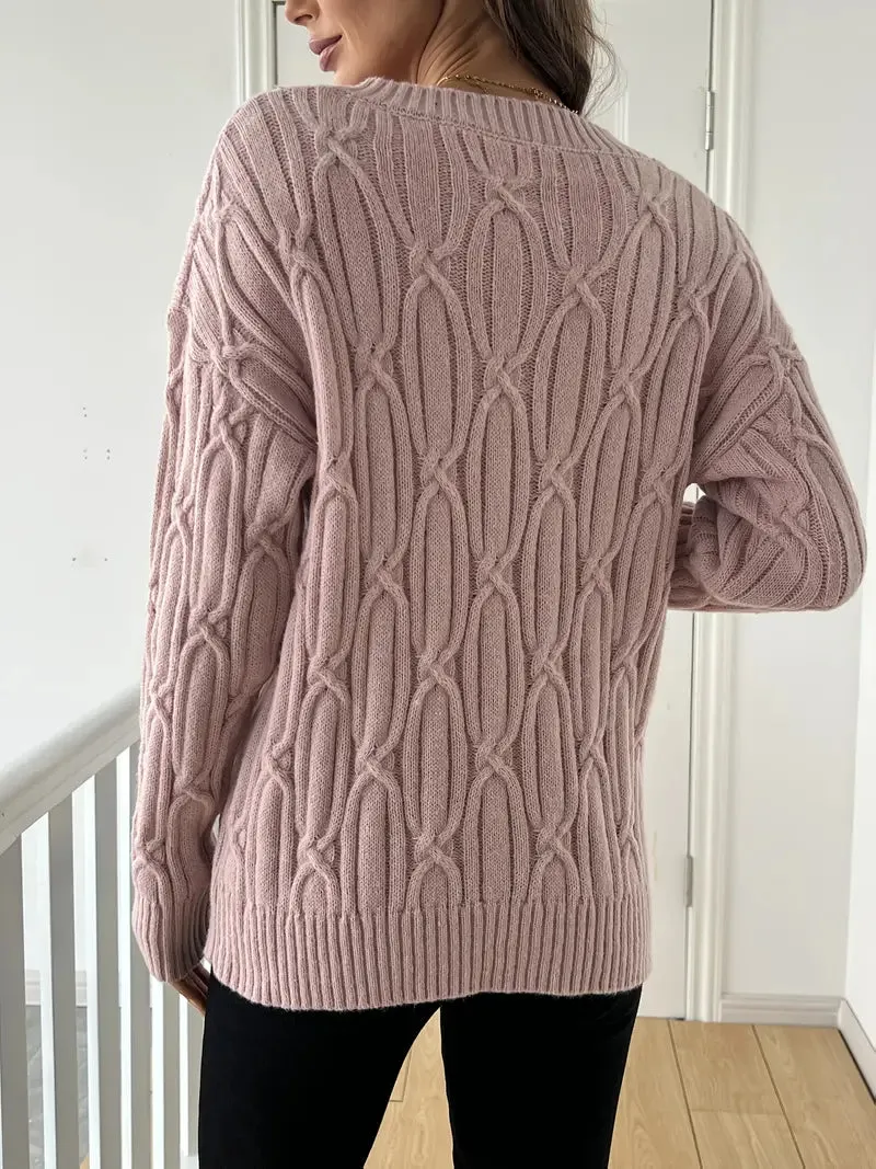 Plain V-neck Cable Knit Sweater for women's