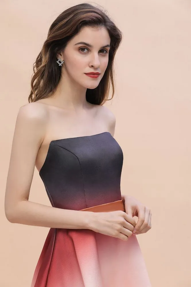 Strapless Gradient Satin Mini Party Dress Knee Length Homecoming Dress