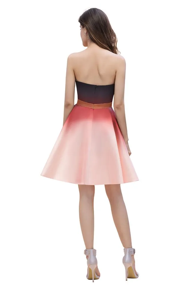 Strapless Gradient Satin Mini Party Dress Knee Length Homecoming Dress