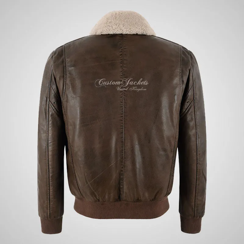 TRAP Leather Bomber Pilot Jacket Brown Detachable Fur Collar