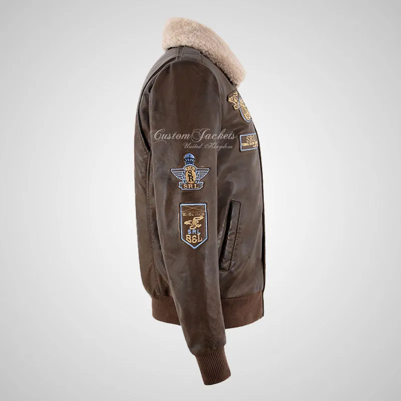 TRAP Leather Bomber Pilot Jacket Brown Detachable Fur Collar