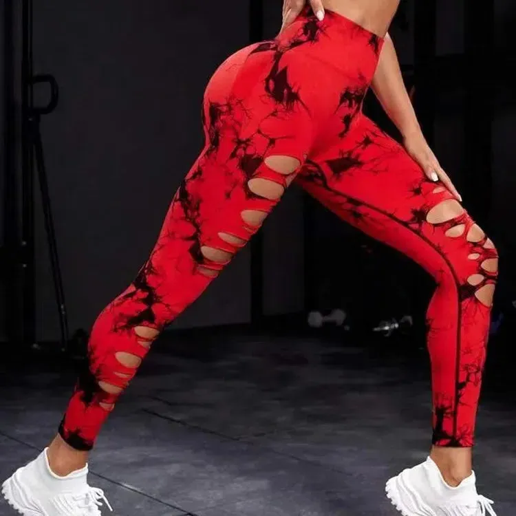 Women Tie Dye Hollow Out Leggings High Waisted Gym Tights