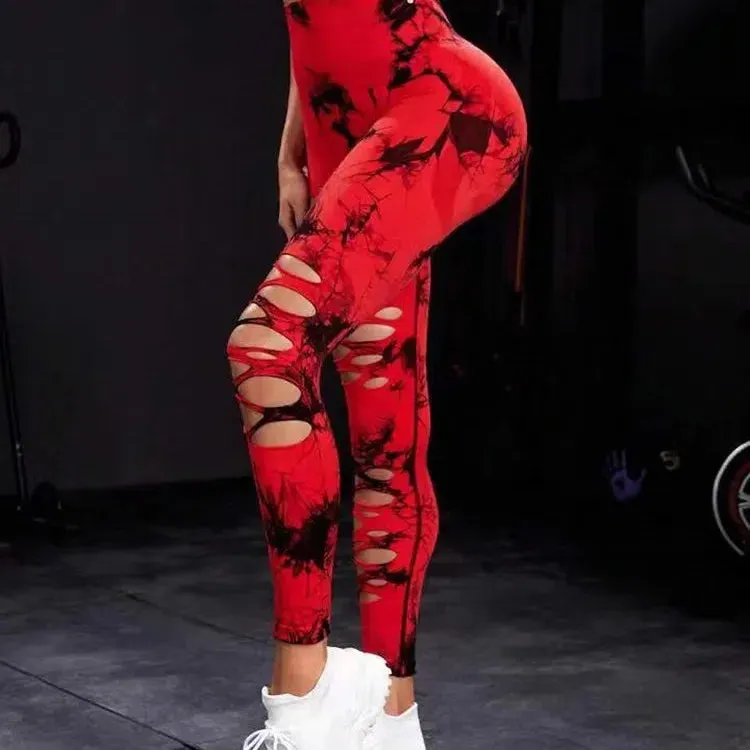 Women Tie Dye Hollow Out Leggings High Waisted Gym Tights
