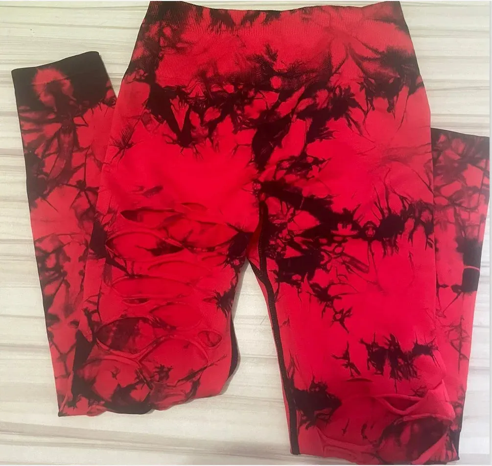 Women Tie Dye Hollow Out Leggings High Waisted Gym Tights