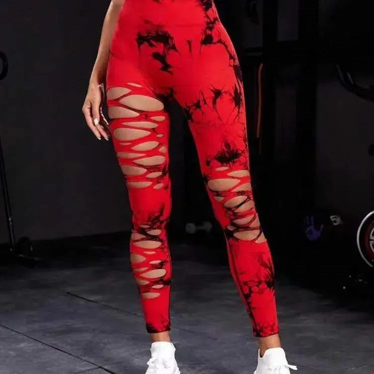 Women Tie Dye Hollow Out Leggings High Waisted Gym Tights