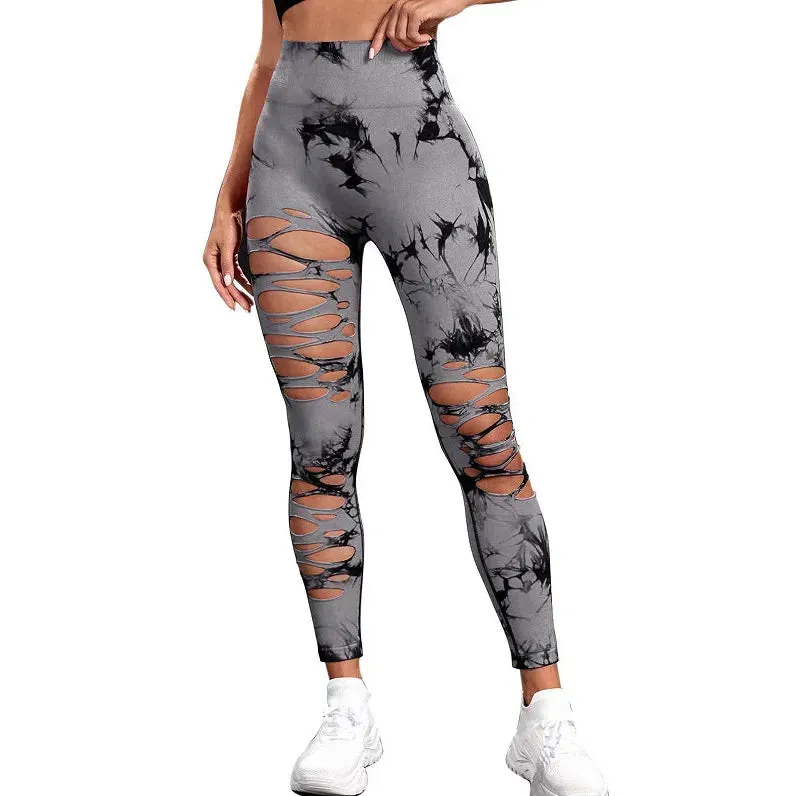 Women Tie Dye Hollow Out Leggings High Waisted Gym Tights