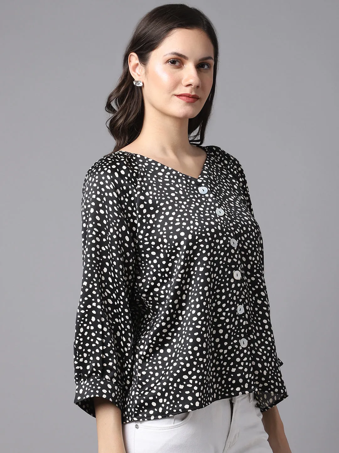 Women's Basic  Black Polka dot print V neck Top