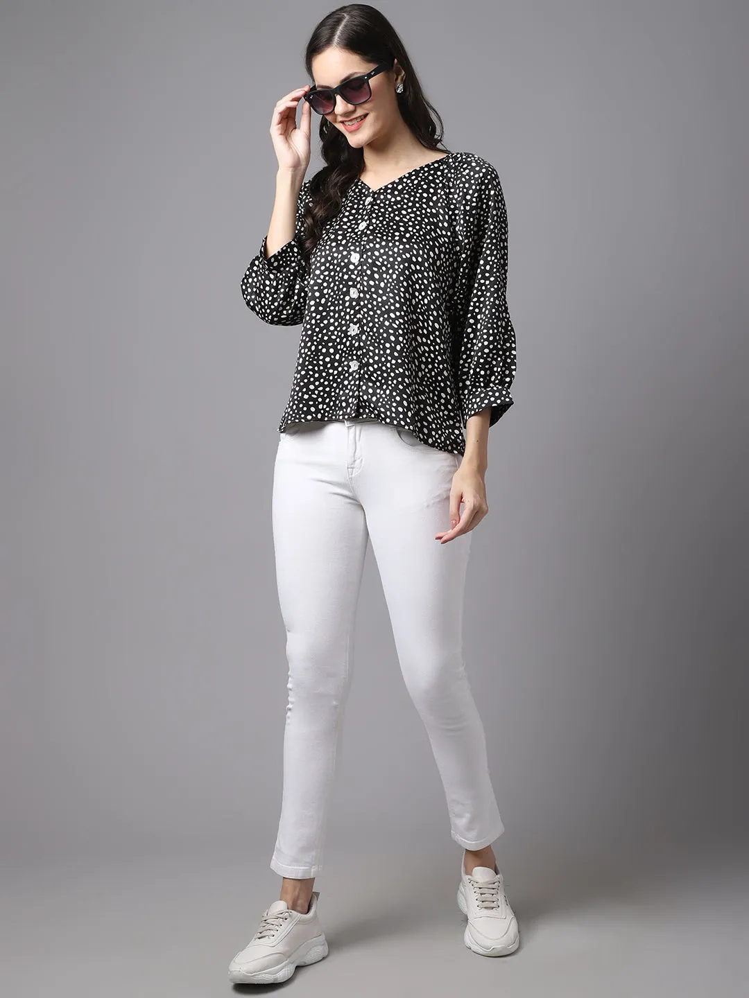 Women's Basic  Black Polka dot print V neck Top