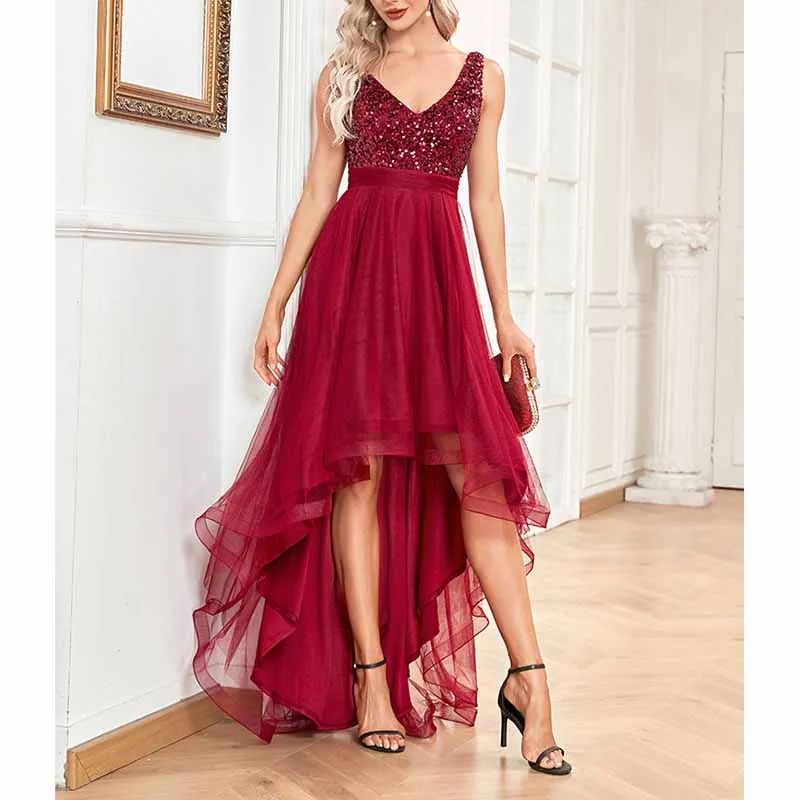 Womens Double V Neck High Low Sequin Tulle Plus Size Formal Evening Dresses