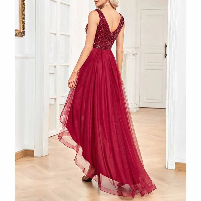 Womens Double V Neck High Low Sequin Tulle Plus Size Formal Evening Dresses
