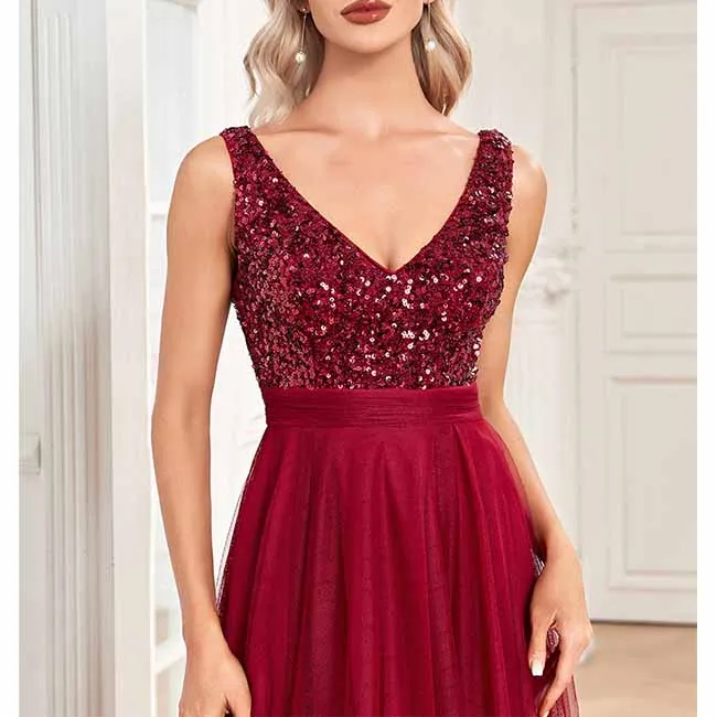Womens Double V Neck High Low Sequin Tulle Plus Size Formal Evening Dresses