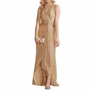 Womens V Neck Sequin Evening Formal Dress Sleeveless Maxi Plus Size Prom Dress