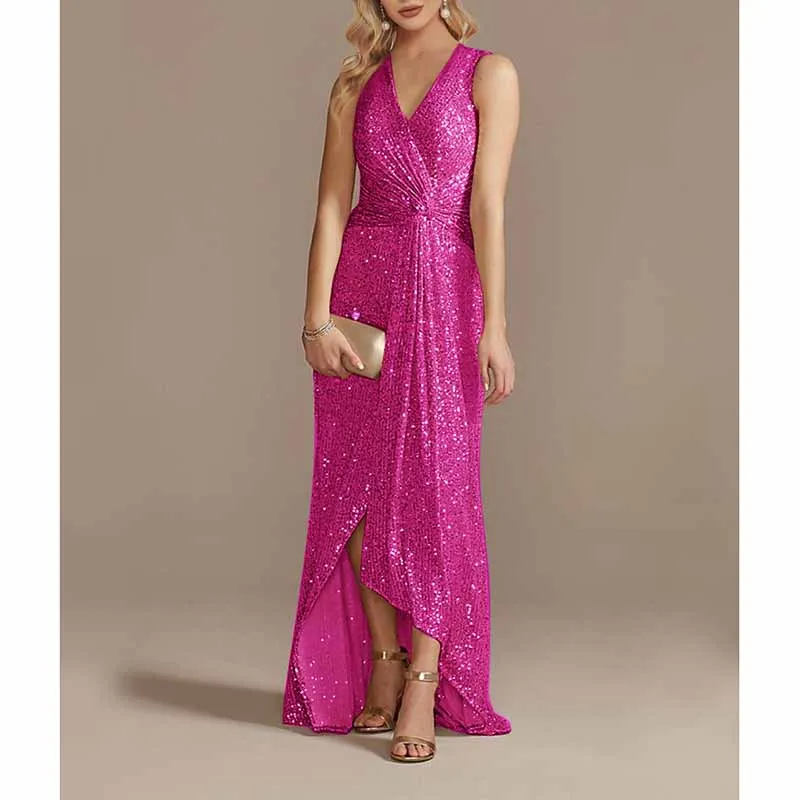 Womens V Neck Sequin Evening Formal Dress Sleeveless Maxi Plus Size Prom Dress