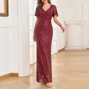 Women's V-Neck Short Sleeve Prom Sequin Wedding Party Evening Dress