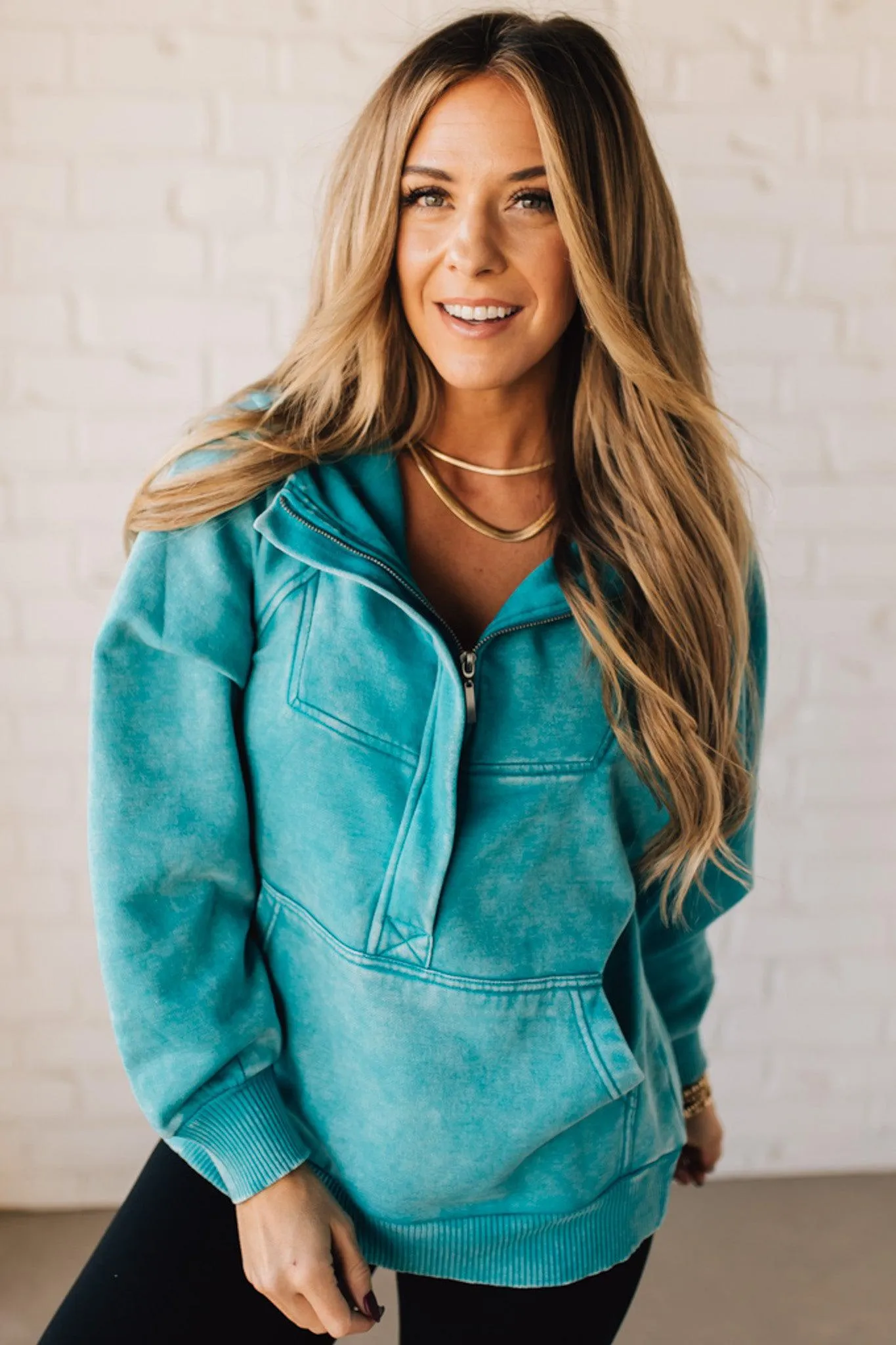 Zip Henley Acid Wash Fleece Hoodie